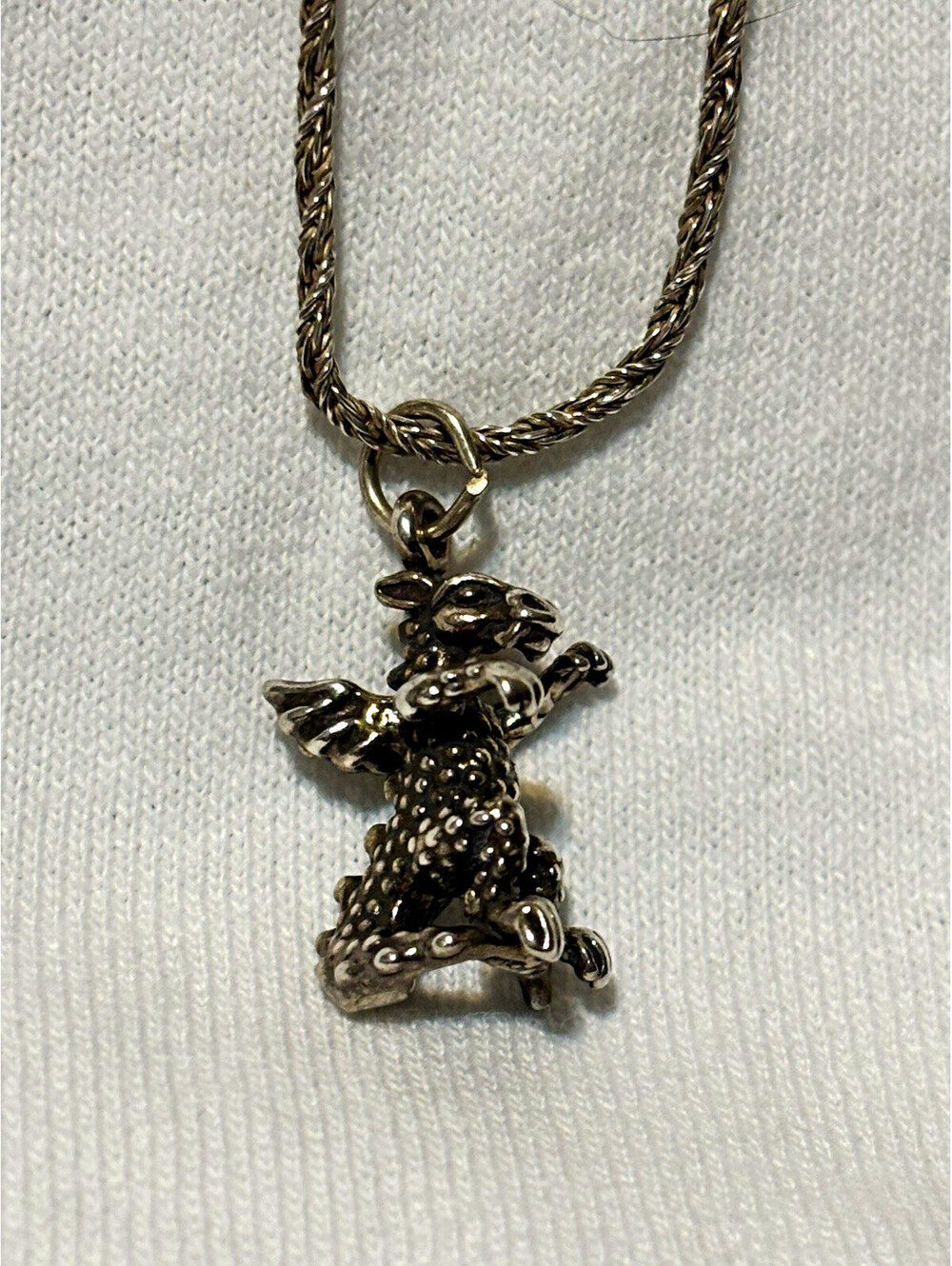 Vintage Sterling Silver Dragon Charm Pendant Necklace Rope Chain
